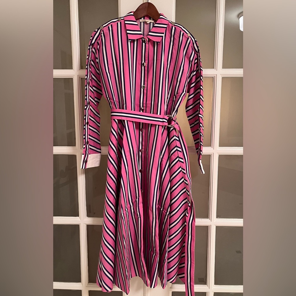 Maje circle cut dress in shirting stripe cotton poplin